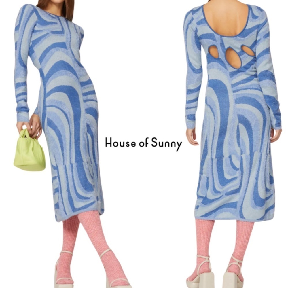 House of Sunny NWT Blue Moon Swirl Cutout Sweater Midi Dress - Sea Blue - Size 8